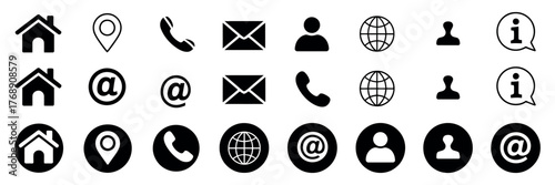 communication and contact vector icons pack showing email, address, phone, message, website, and location designs created in clean flat line and solid modern vector illustration styles.