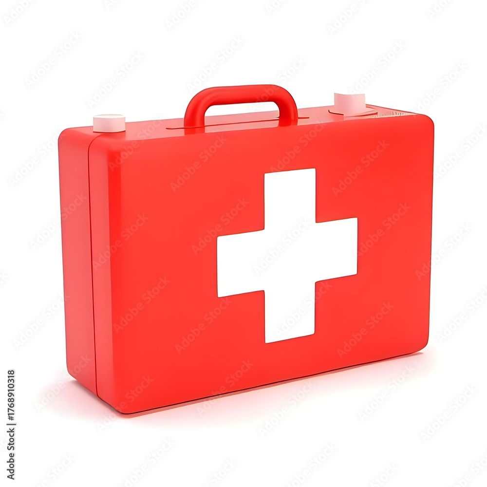 Fototapeta premium Red first aid kit with white cross on a white background for emergencies