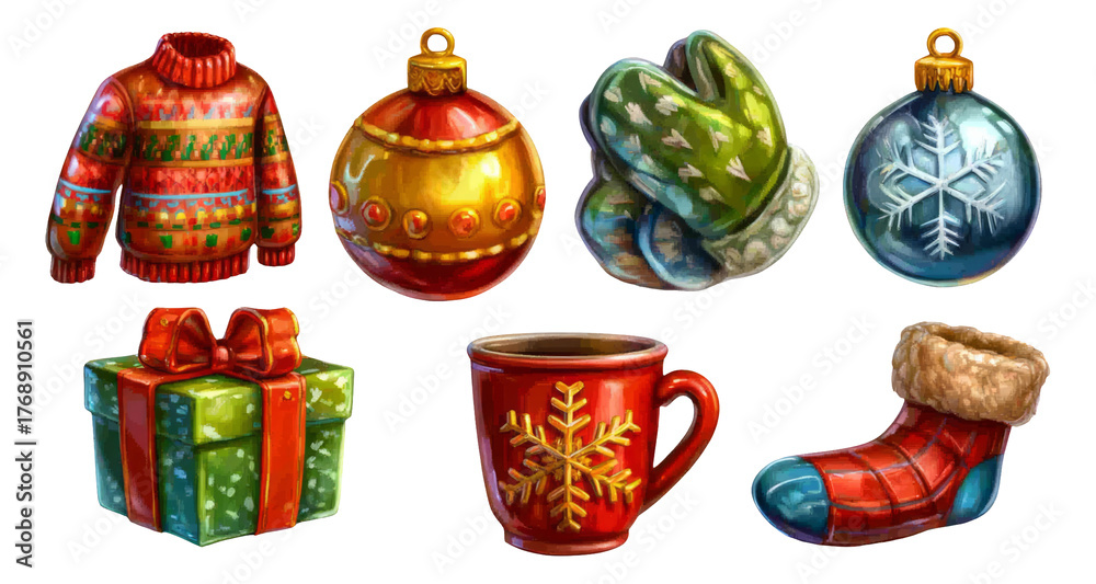 Fototapeta premium Colorful Hand-Drawn Christmas Ornaments and Sweater Collection on Transparent Background