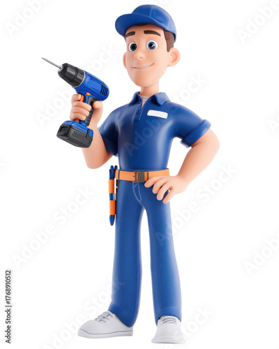 Handyman in Blue: A skilled handyman in a blue uniform, complete with a cap, holds a power drill confidently, ready for any repair or construction task. A symbol of competence and reliability