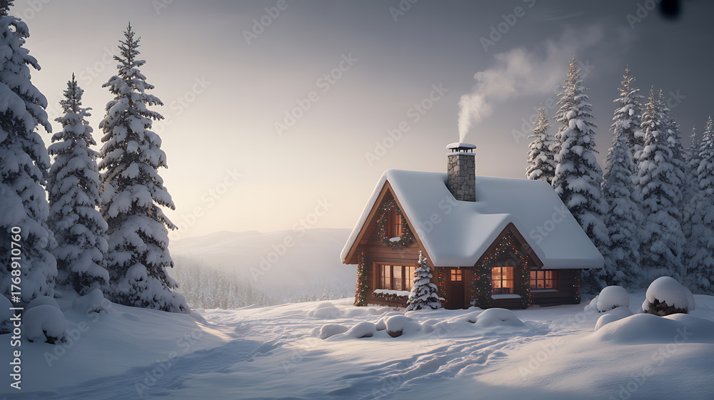 Fototapeta premium Snow-covered wooden cabin in a winter forest with smoke rising from the chimney