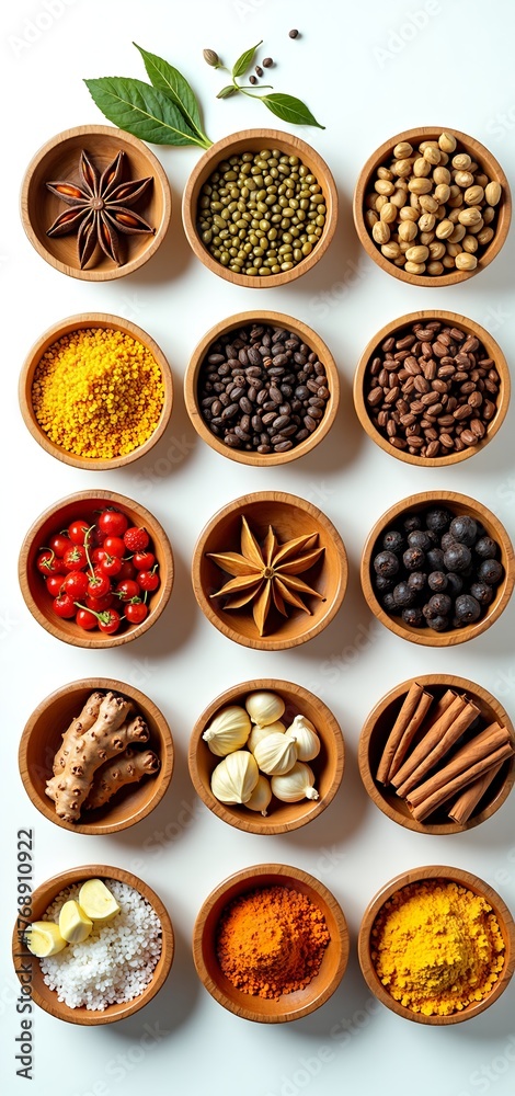 Fototapeta premium A vibrant array of global spices and herbs arranged in wooden bowls, showcasing rich colors and texturesfrom turmeric and cumin to star anise and chili flakesperfect for culinary inspiration or spice 