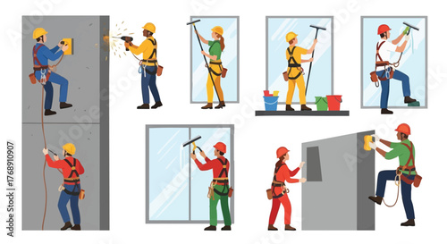 A collection of illustrations depicting window cleaners and construction workers performing their jobs with safety equipment.