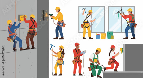 A collection of illustrations depicting construction workers performing various tasks, including window washing and wall repairs, with safety gear.