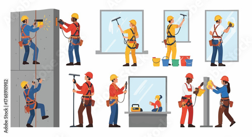 A team of professional window washers and building cleaners are shown working at different heights and locations with safety equipment.