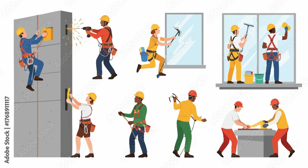 Fototapeta premium Diverse construction workers performing various tasks, including window cleaning, drilling, and working on building facades, in a vector illustration.