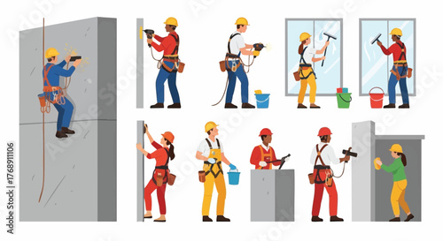 Diverse construction workers performing various tasks, including climbing, drilling, and cleaning windows, in a vector illustration.