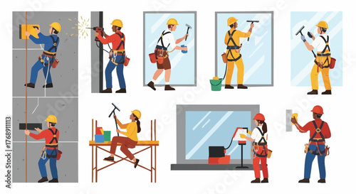 Diverse construction workers performing various tasks, including electrical work, window cleaning, and wall installations, showcasing teamwork and professional skills.