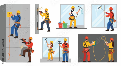 Diverse illustrations showcase professional window cleaners and construction workers using safety equipment and tools for various tasks.