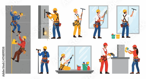 A diverse collection of professional window cleaners and construction workers performing various tasks, showcasing their expertise and safety.