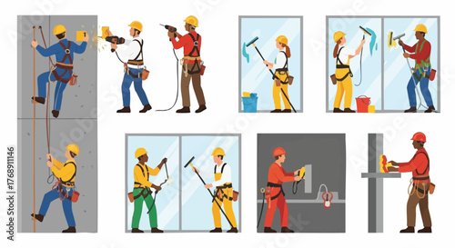 Diverse window cleaners and construction workers are shown in various poses, illustrating their work with tools and safety equipment in a vector illustration.