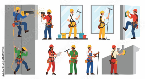 Diverse group of construction workers and window cleaners performing various tasks with safety equipment in a detailed illustration.