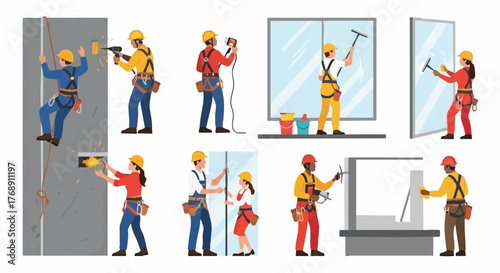 Diverse construction workers performing various tasks, including climbing, drilling, and window cleaning, in a vector illustration set.