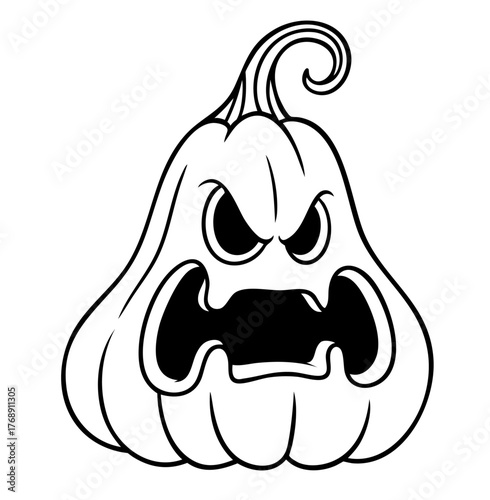 Angry pumpkin face with sharp eyes and open mouth, halloween jack o lantern