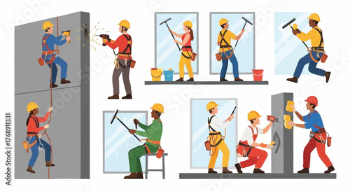 Diverse window cleaners and construction workers perform their tasks safely, employing various tools and techniques for building maintenance.