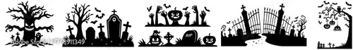 Spooky Tree, Graveyard, Ghosts, Pumpkins, Gates.  Halloween  Silhouettes Set