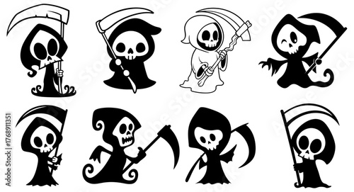 grim reapers collection. death squad with scythes and hooded skeletons