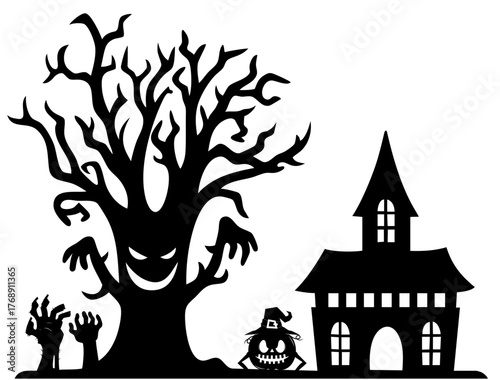Scary haunted tree with evil face beside an old gothic house, jack o lantern pumpkin and zombie hands rising from the graveyard ground