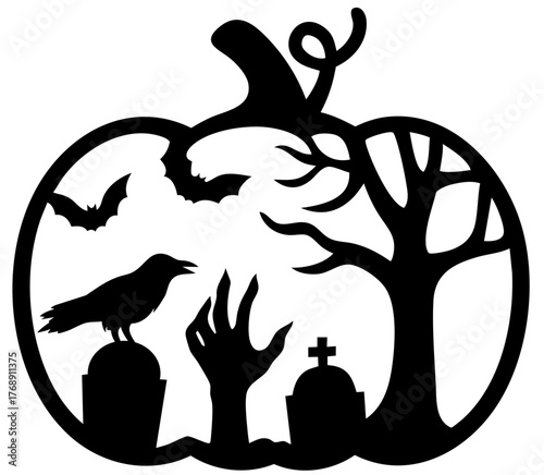 Halloween carved pumpkin silhouette with graveyard scene of tombstones, bare dead tree, raven on cross and rising zombie hand from ground