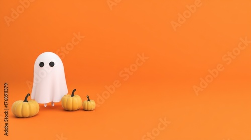 Spooky Ghost with pumpkins: A charming halloween decoration of a ghost, accompanied by a collection of pumpkins set against a vibrant orange backdrop, the scene evokes the playful spirit of Halloween.