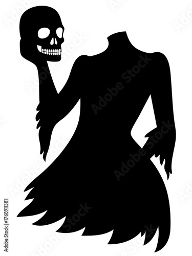 Headless ghostly figure holding skull in hand, flowing halloween spirit with torn dress
