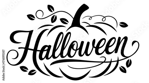 Halloween lettering inside pumpkin outline with curly leaves