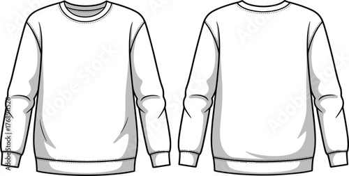 Basic Crewneck Sweatshirt Flat Sketch Fashion CAD Vector Top View Technical Drawing