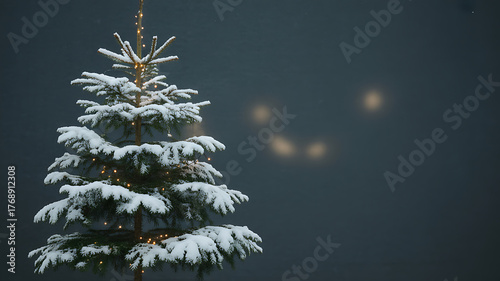 Snow-covered evergreen tree illuminated with warm lights against a dark night sky