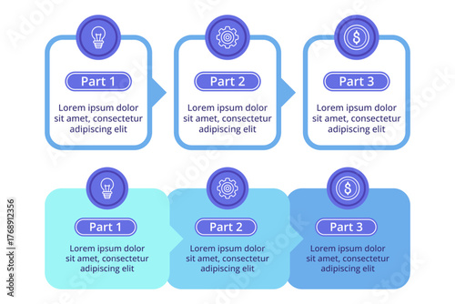 Colorful infographic set presenting clear flow of information divided into three parts. Icons and text enhancing understanding of content