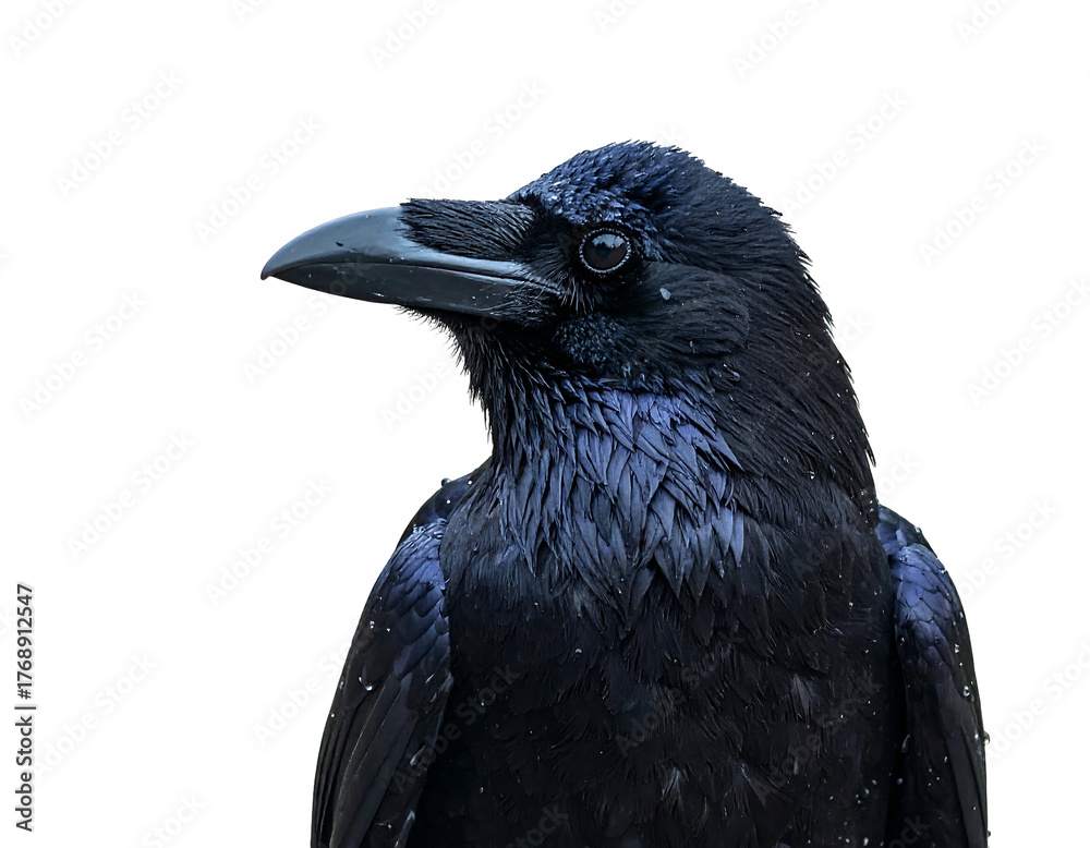 Fototapeta premium Portrait of a black bird facing left, with a wet appearance against a dark background, cropped