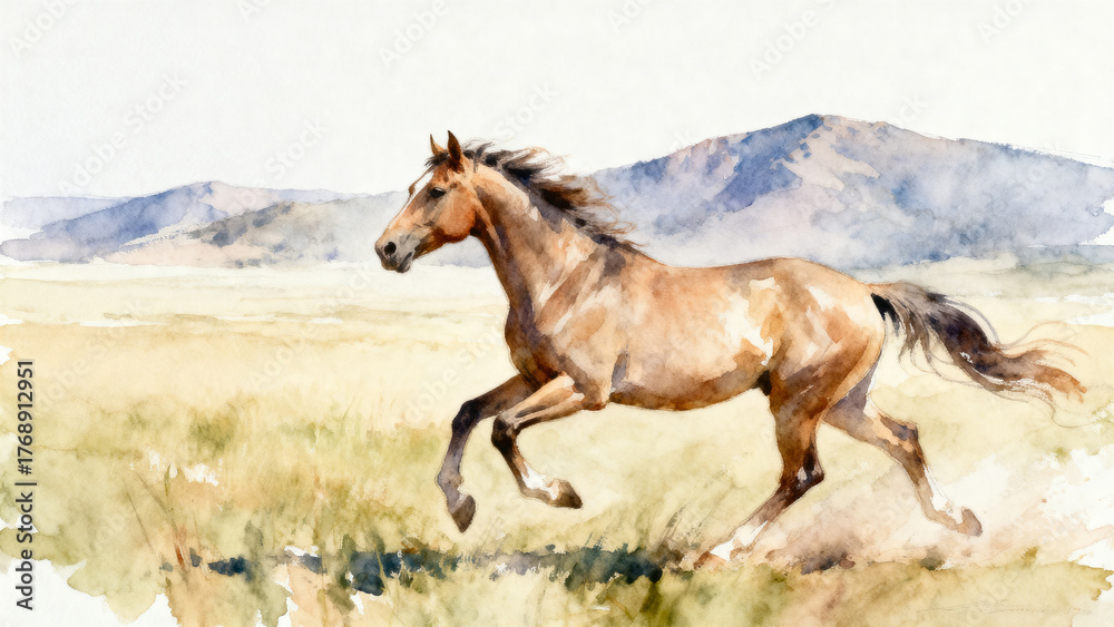 Obraz premium Running horse in grassland with mountains