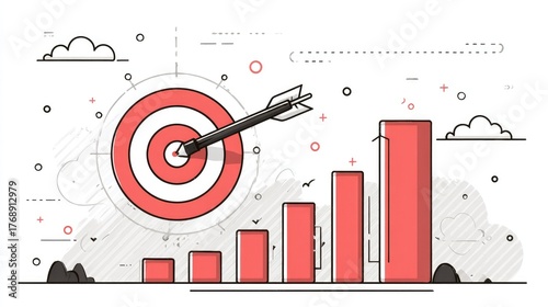 Business goal achievement concept in flat line vector style showing dart hitting the target and progress bar increasing