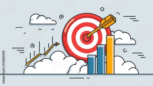 Business goal achievement concept in flat line vector style showing dart hitting the target and progress bar increasing