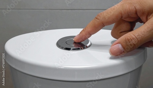 Close-up of Finger Pressing Dual Flush Button on White Toilet Tank