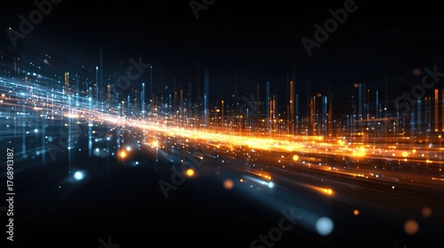 Digital business vector background with dynamic lines, bar charts, and glowing data points representing innovation in finance