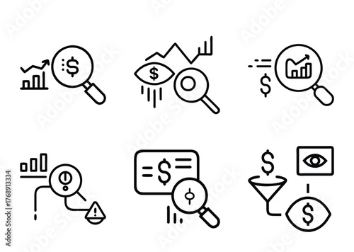 Financial analysis icon set highlighting market trends and economic indicators analysis