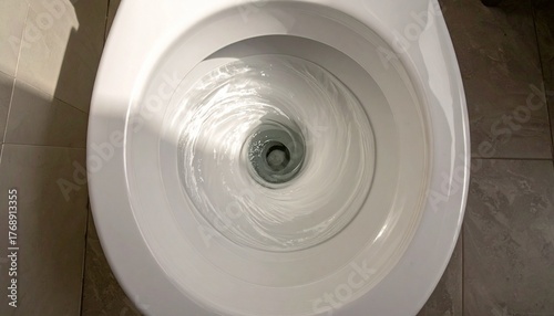 Flushing white toilet bowl with swirling water vortex, top-down view in a tiled bathroom.