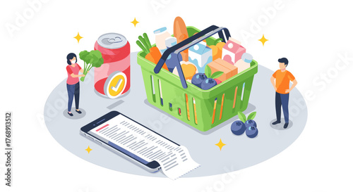 Online grocery shopping concept with a shopping basket, smartphone, and people