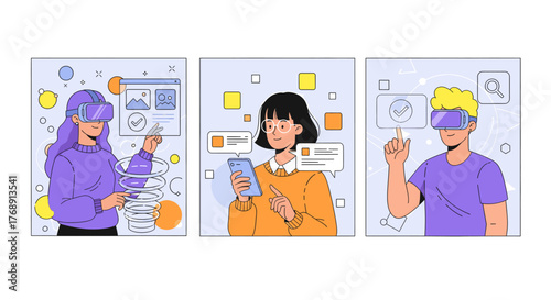 People interacting with virtual reality and augmented reality technology, exploring digital interfaces and data visualization