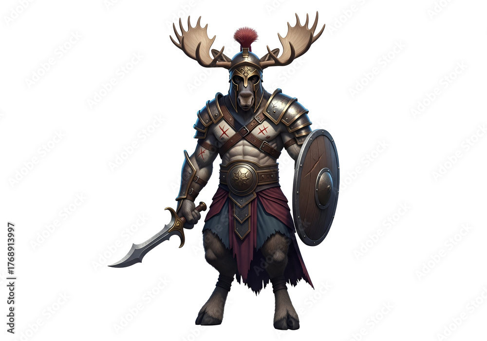 Naklejka premium A powerfully built, mythical warrior, resembling a moose with Roman armor, wields a sword and shield, set against a stark black backdrop.