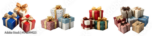 multiple gift boxes isolated on white background, colorful presents cut out transparent png