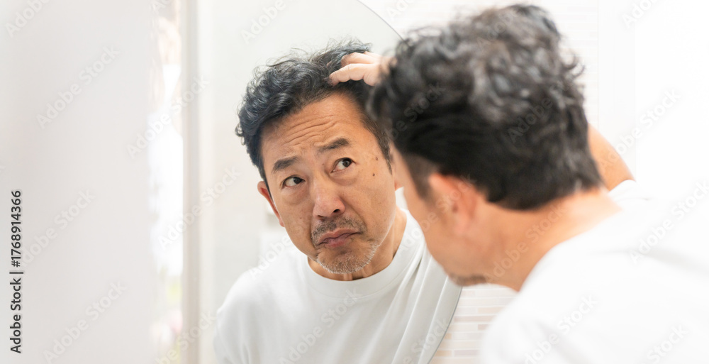 Fototapeta premium ヘアチェックをするミドル男性 ビューティーイメージ