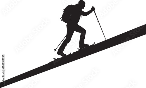 Backcountry skier silhouette trekking uphill with poles and backpack, ski touring mountaineering icon.
