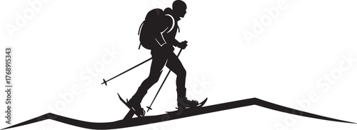 Backcountry skier silhouette trekking uphill with poles and backpack, ski touring mountaineering icon.