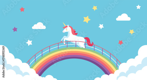 A delightful white unicorn with a red mane prances across a vibrant rainbow bridge, set against a bright blue sky with fluffy clouds and colorful stars.
