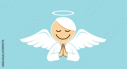 A charming and peaceful cartoon angel with a halo and wings, smiling gently, clasps its hands in prayer, symbolizing innocence and spirituality.