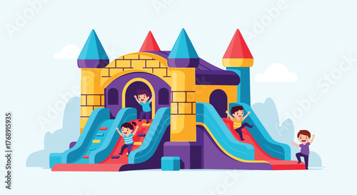 Joyful children of various ages happily play and slide on a vibrant inflatable bouncy castle, enjoying a day of active fun.