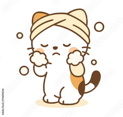 泡で洗顔する可愛い猫のイラスト / Cute Cat Washing Face with Fluffy Bubbles