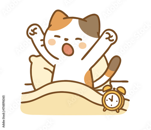 あくびをしながらおはようする猫のイラスト / Cute Cat Yawning and Saying Good Morning