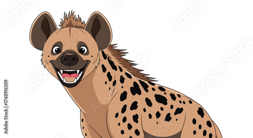 A friendly cartoon spotted hyena with a happy, wide smile looks directly at the viewer on a clean white background.